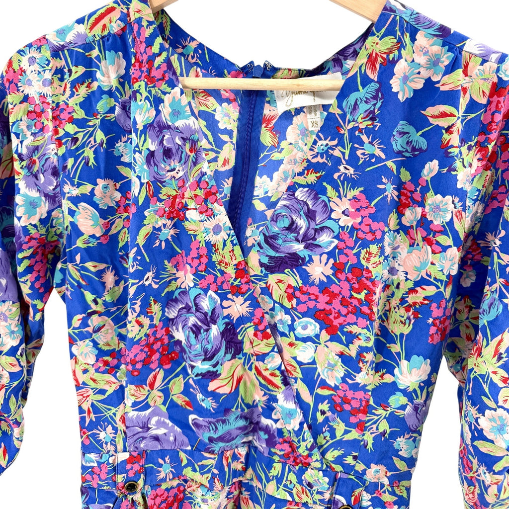 Yumi Kim Blue 100% Silk Floral Print Long Sleeve Wrap Romper