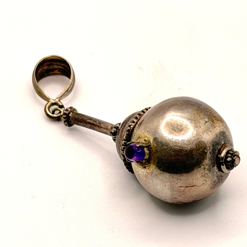 Vintage 90s Sterling Silver Amethyst Sculptural Maraca Pendant