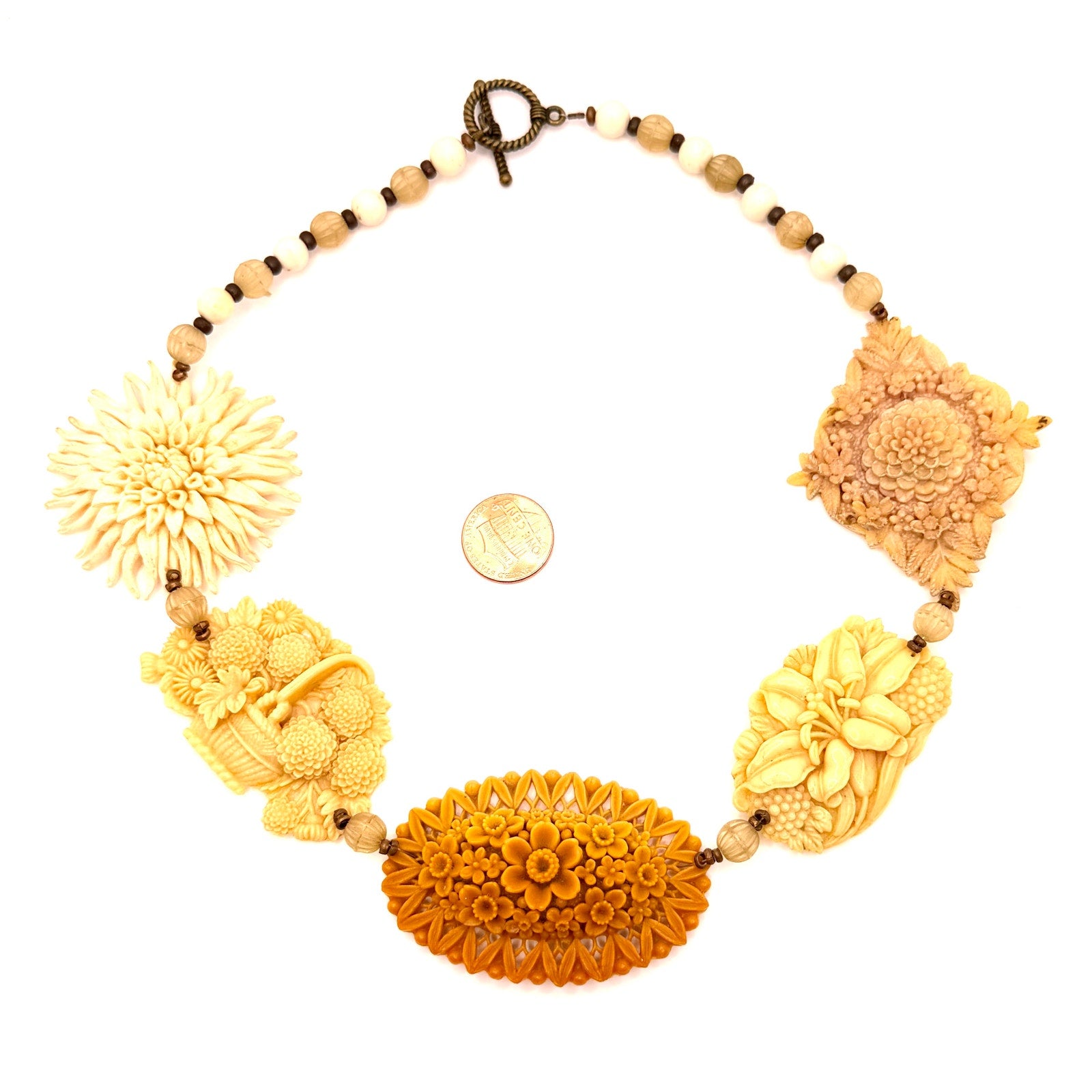 Vintage Upcycled Cream Victorian Revival Floral Brooch Statement Necklace
