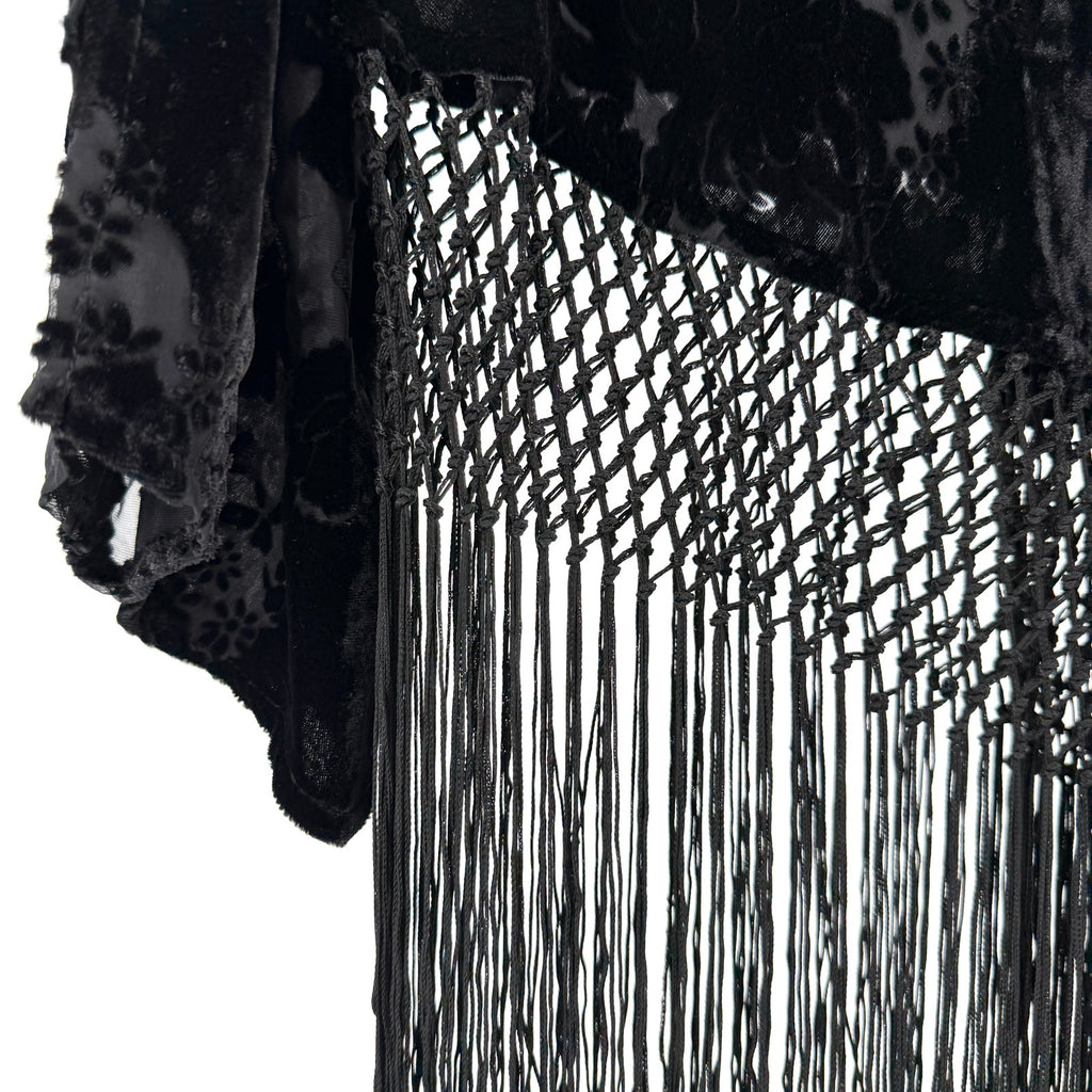 Vintage Y2K Black Burnout Velvet Asymmetrical Fringe Bell Sleeve Blouse