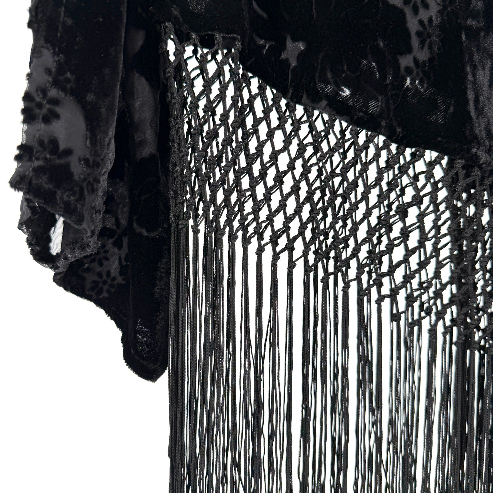 Vintage Y2K Black Burnout Velvet Asymmetrical Fringe Bell Sleeve Blouse
