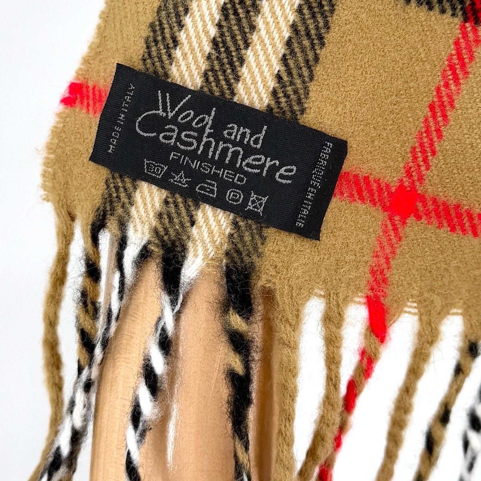 Vintage 90s Tan Red Tartan Wool Cashmere Winter Scarf
