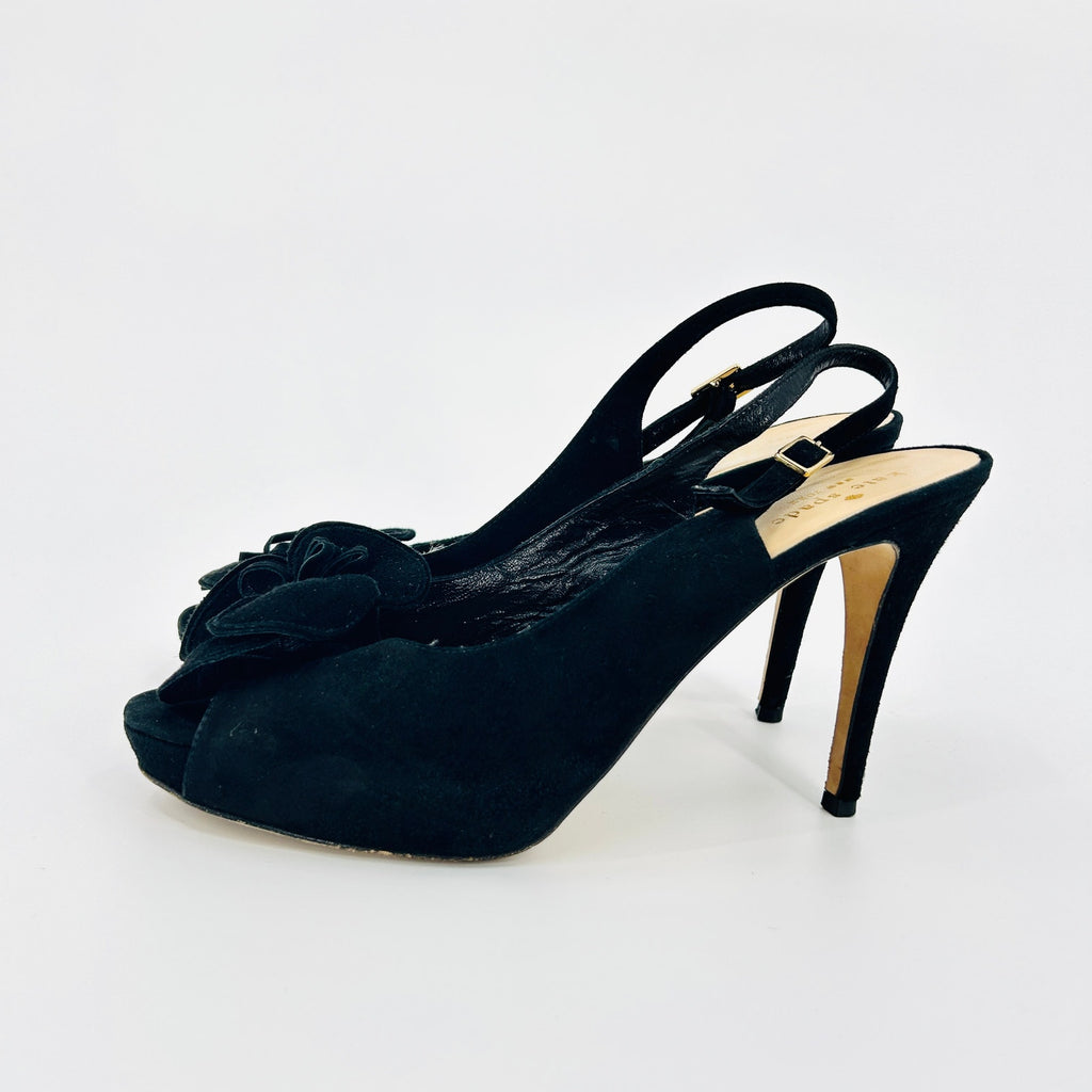 Kate Spade Black Genuine Suede Leather Rosette Platform Slingback Heels