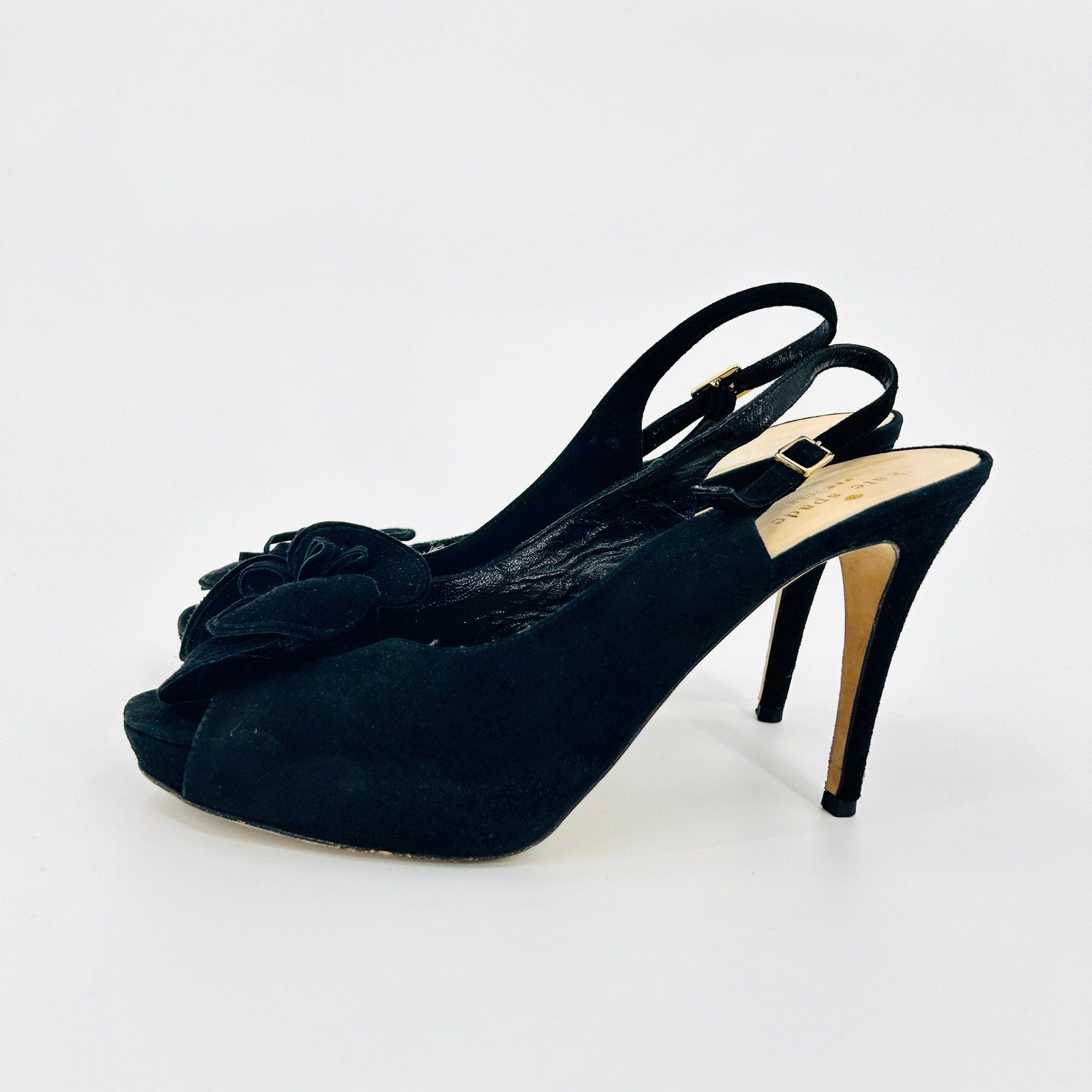 Kate Spade Black Genuine Suede Leather Rosette Platform Slingback Heels