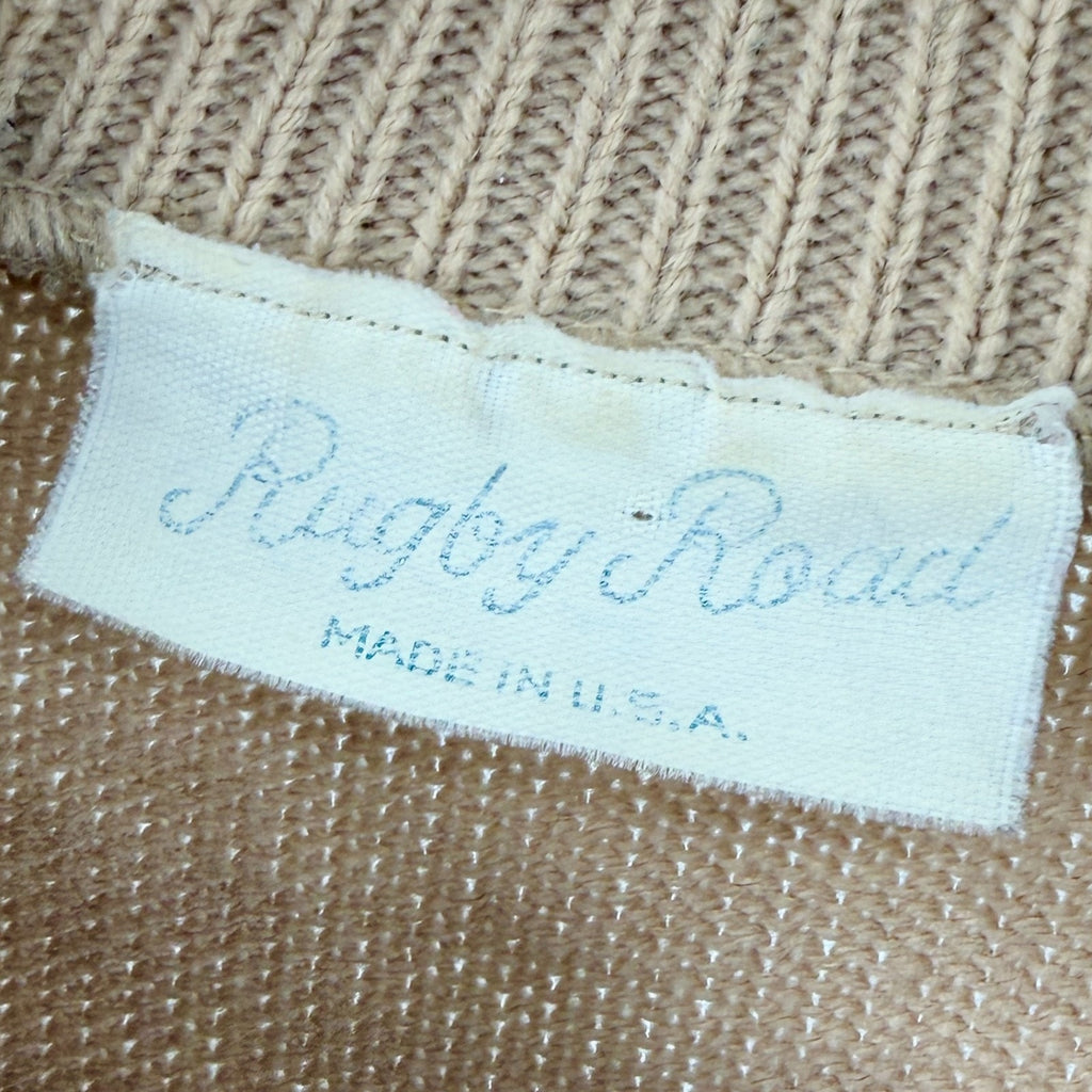 Vintage 80s Rugby Road Tan Faux Leather Tassel Abstract Applique Sweater