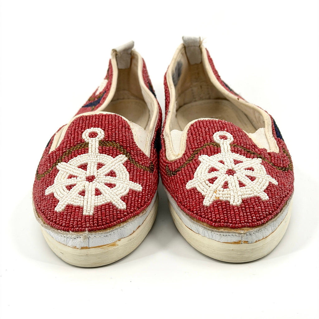 Vintage 80s Beadz Nautical Beaded Red Canvas Slip On Shoes