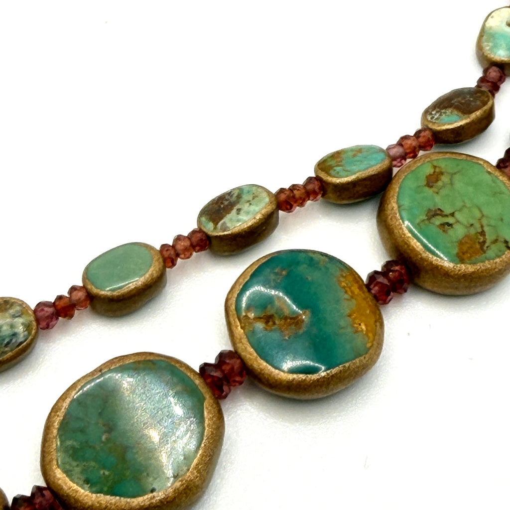 Vintage Turquoise Rubellite Double Strand Copper Hook Artisanal Necklace