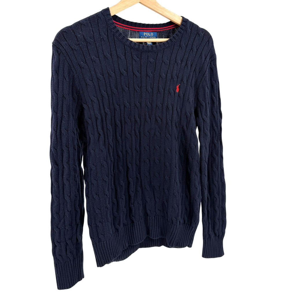 Polo Ralph Lauren Navy Blue 100% Cotton Classic Cable Knit Crewneck Sweater