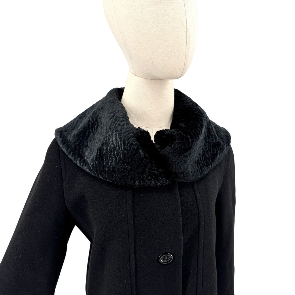 Vintage Y2K Tahari Black 100% Wool Swing Faux faux Persian Lamb Collar Coat
