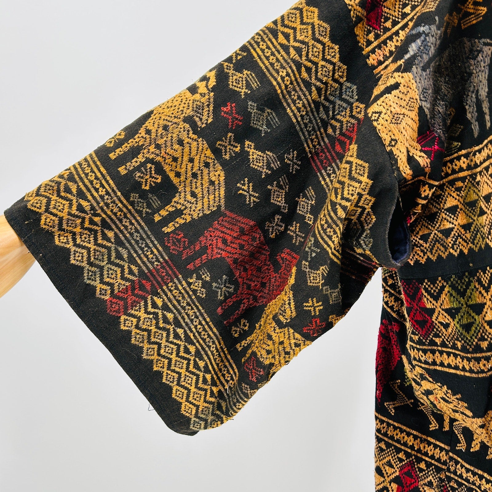 Vintage Handmade Black Multi Animal Embroidered Thai Artistry Maxi Robe