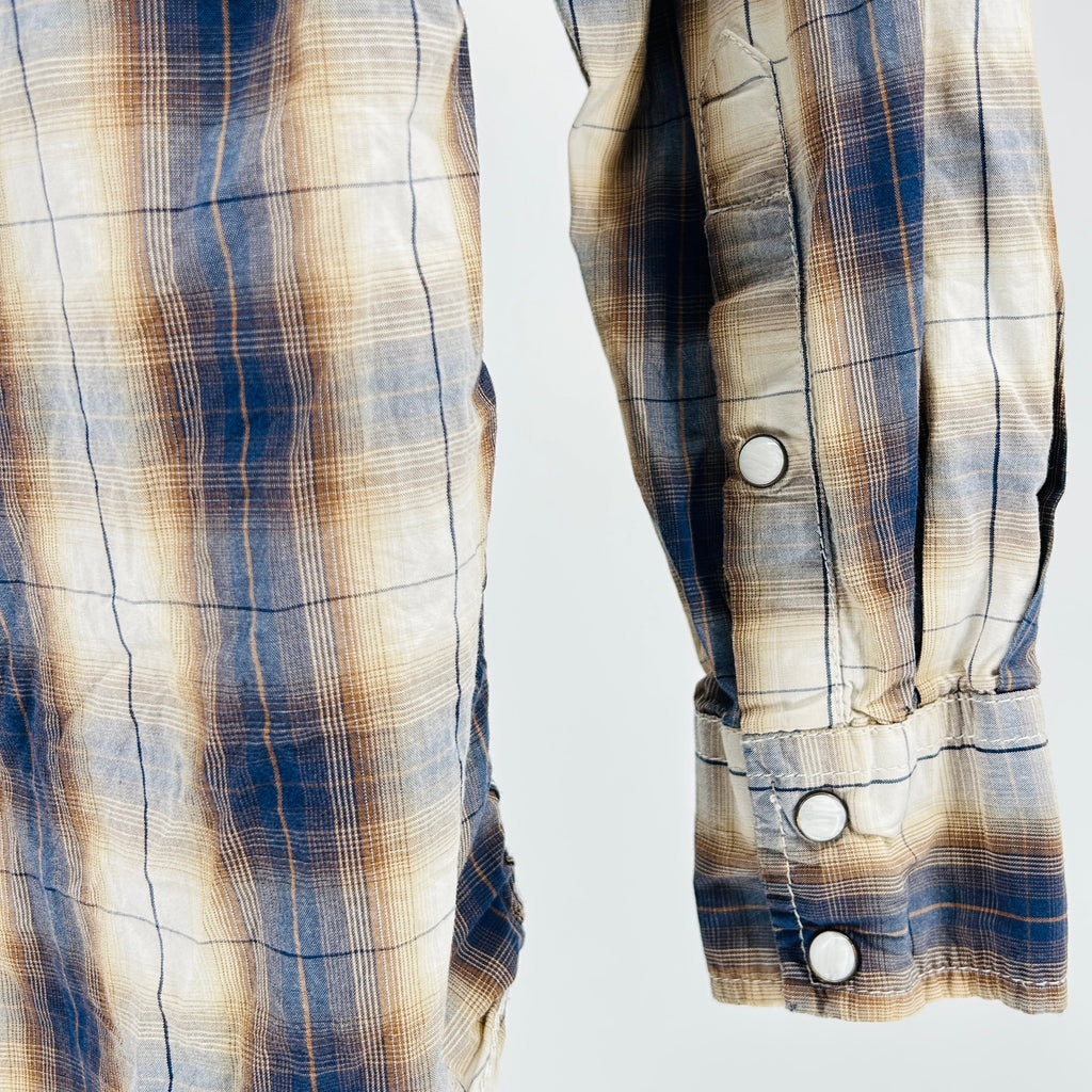 Rafter C Blue Tan Plaid 100% Cotton Western Pearl Snap Shirt