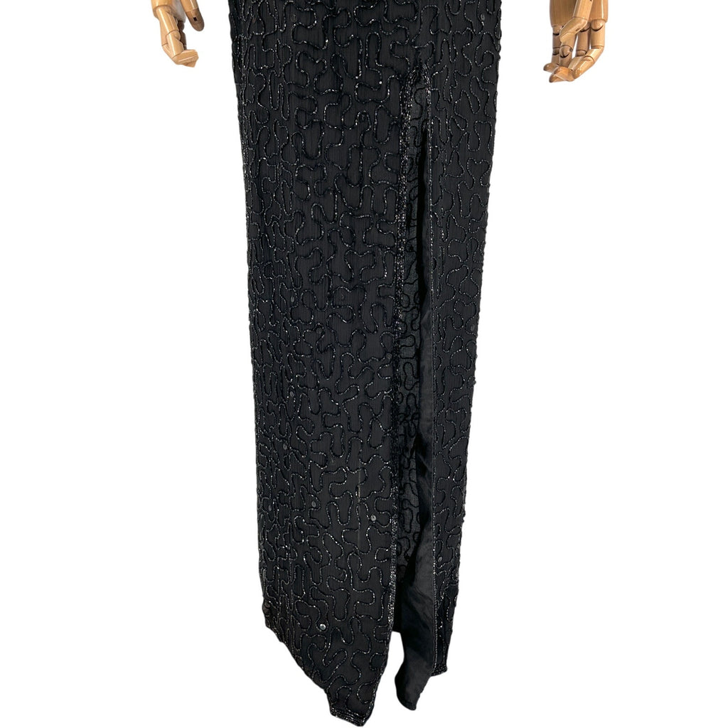 Vintage 90s Scala Black 100% Pure Silk Beaded Lattice Back Gown