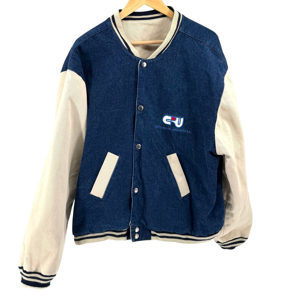 Vintage 90s Tan Blue Denim Twill Reversible Varsity Jacket