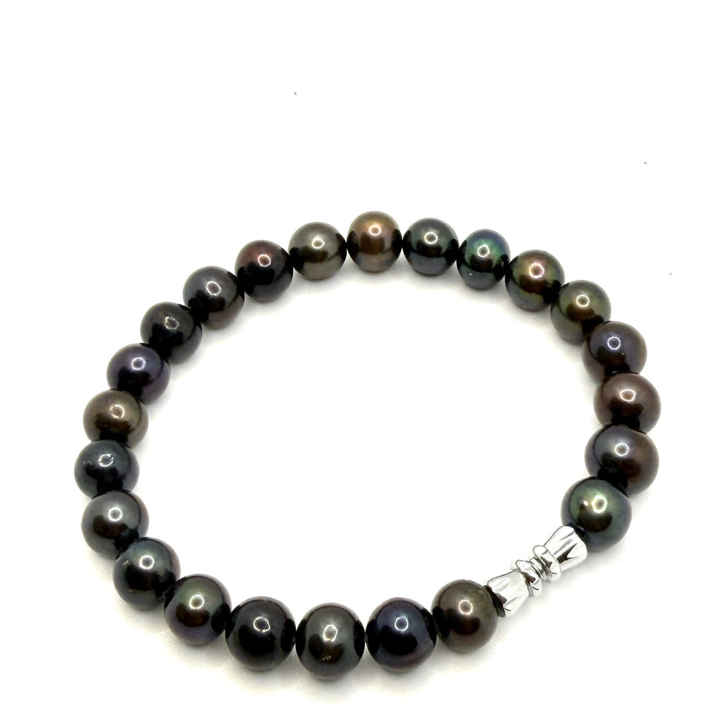 Vintage 90s Peacock Iridescent Black Freshwater Pearl Screw Clasp Bracelet