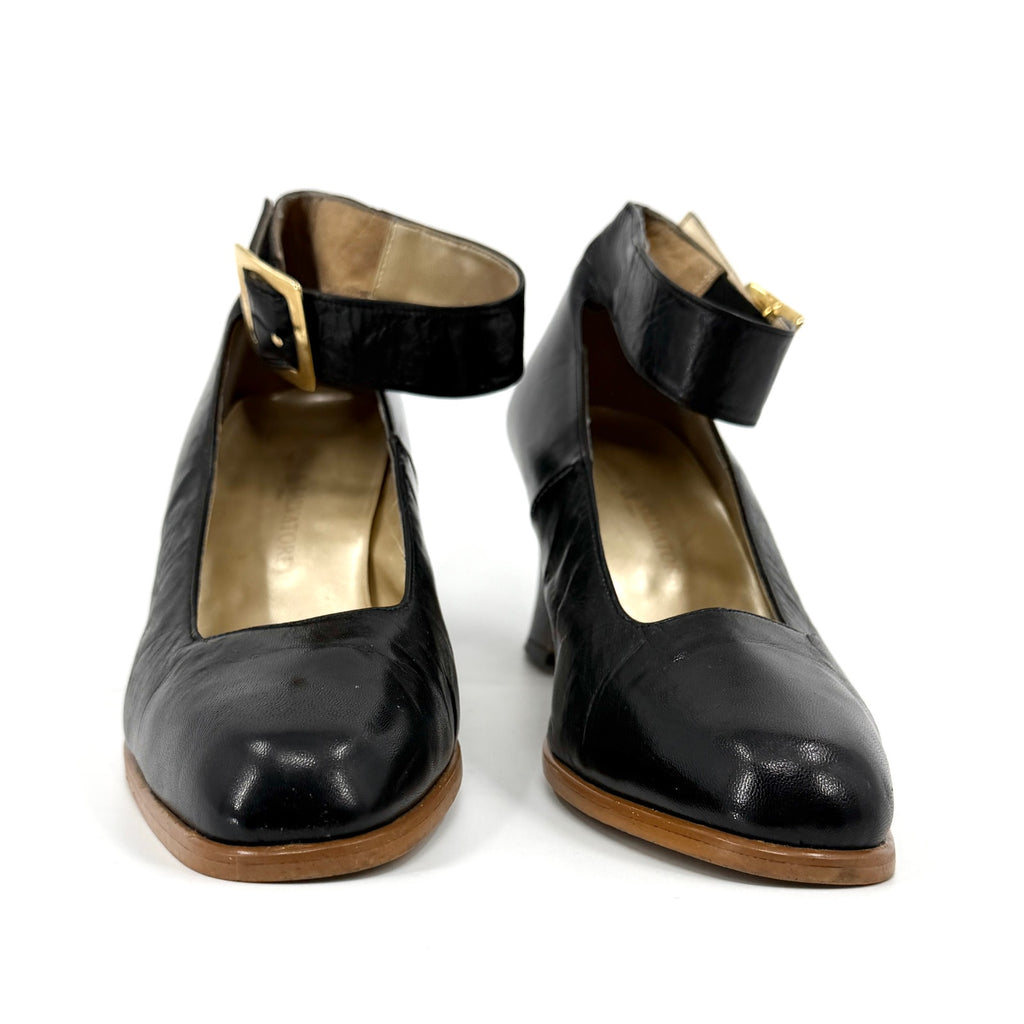 Vintage 90s Gino & Salvatore Black Leather Glam Block Heel Mary Jane Pumps