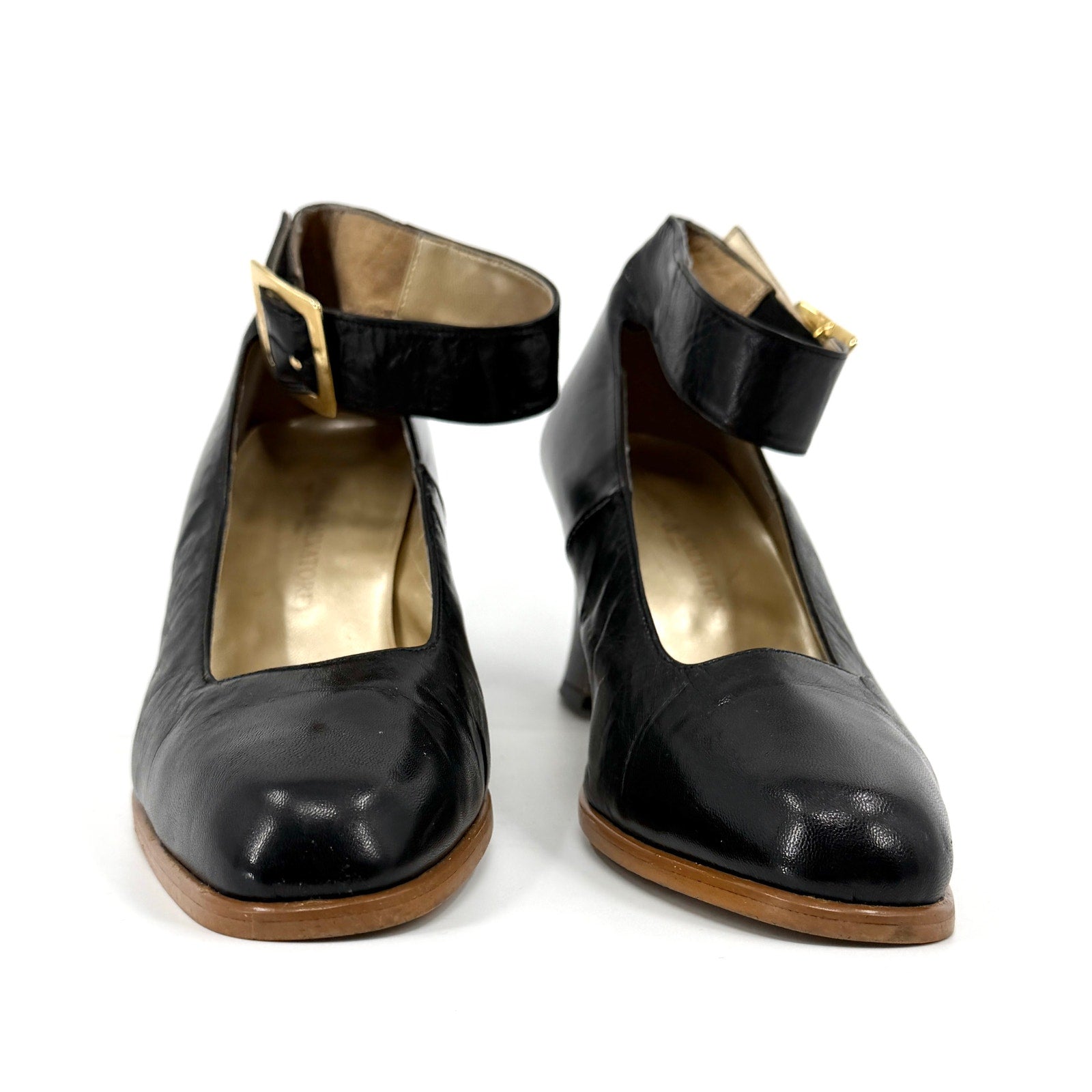 Vintage 90s Gino & Salvatore Black Leather Glam Block Heel Mary Jane Pumps