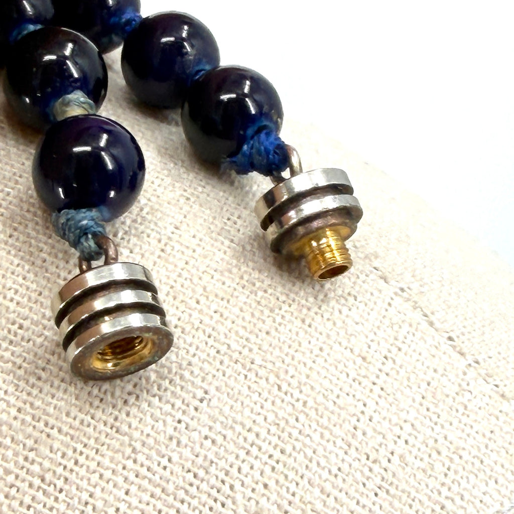 Vintage Cobalt Blue Glass Knotted Bead Barrel Clasp Necklace