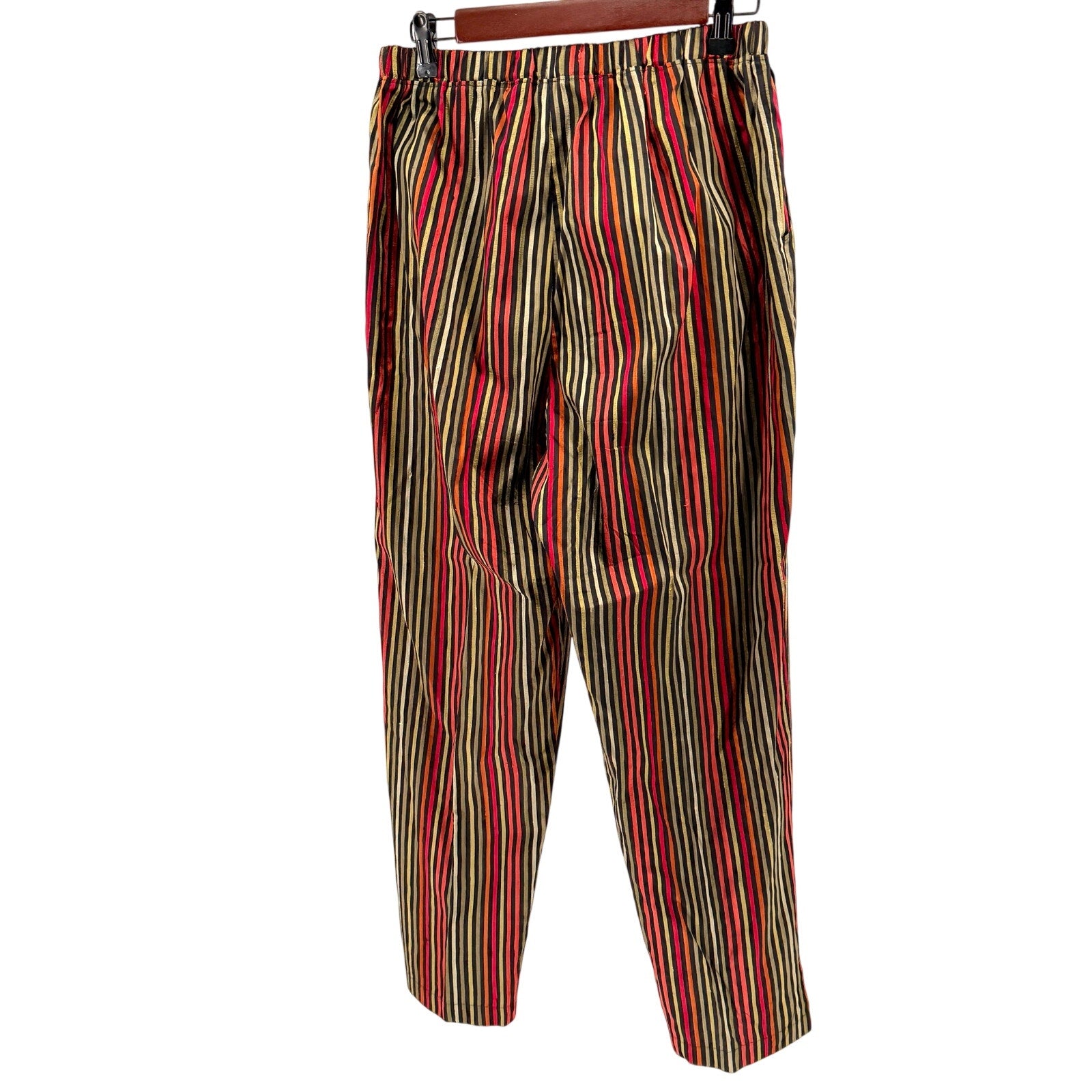 Black Multi-Color Striped Raw Silk Blend Elastic Waist Tapered Pants