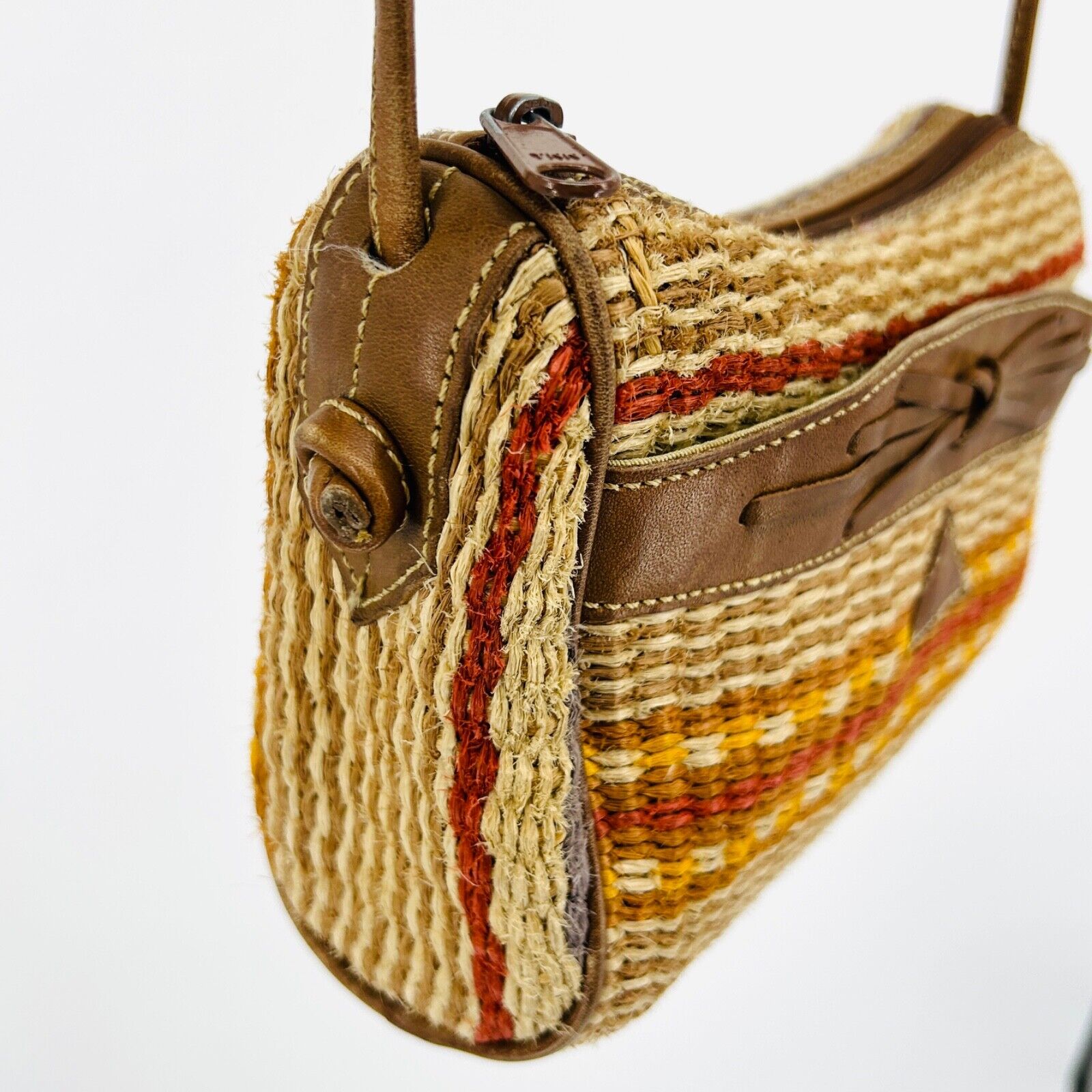 Vintage 80s Multicolor Woven Straw Genuine Leather Bow Crossbody Bag