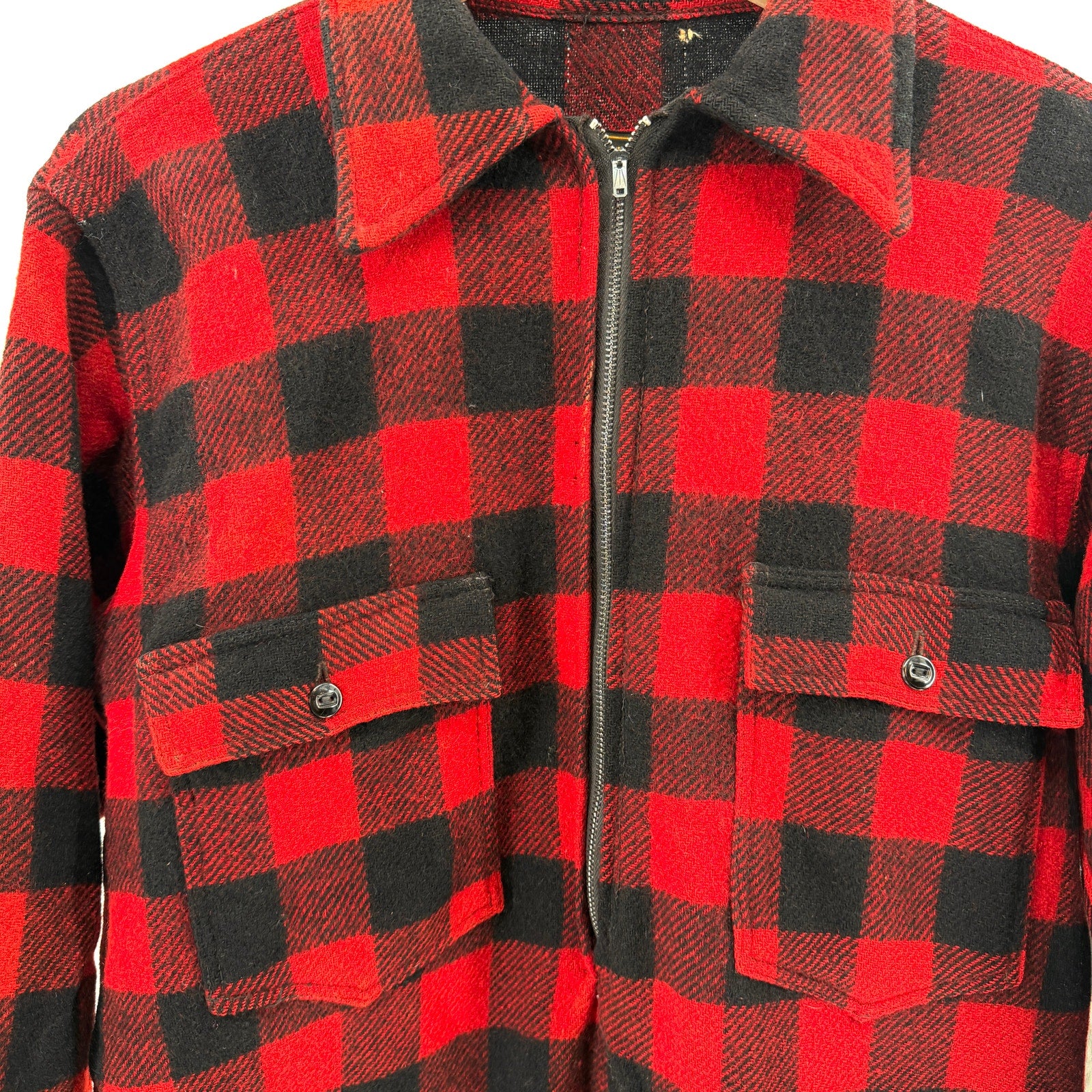 Vintage 60s 70s Red Buffalo Plaid Half-Zip 100% Wool Tunic Shirt
