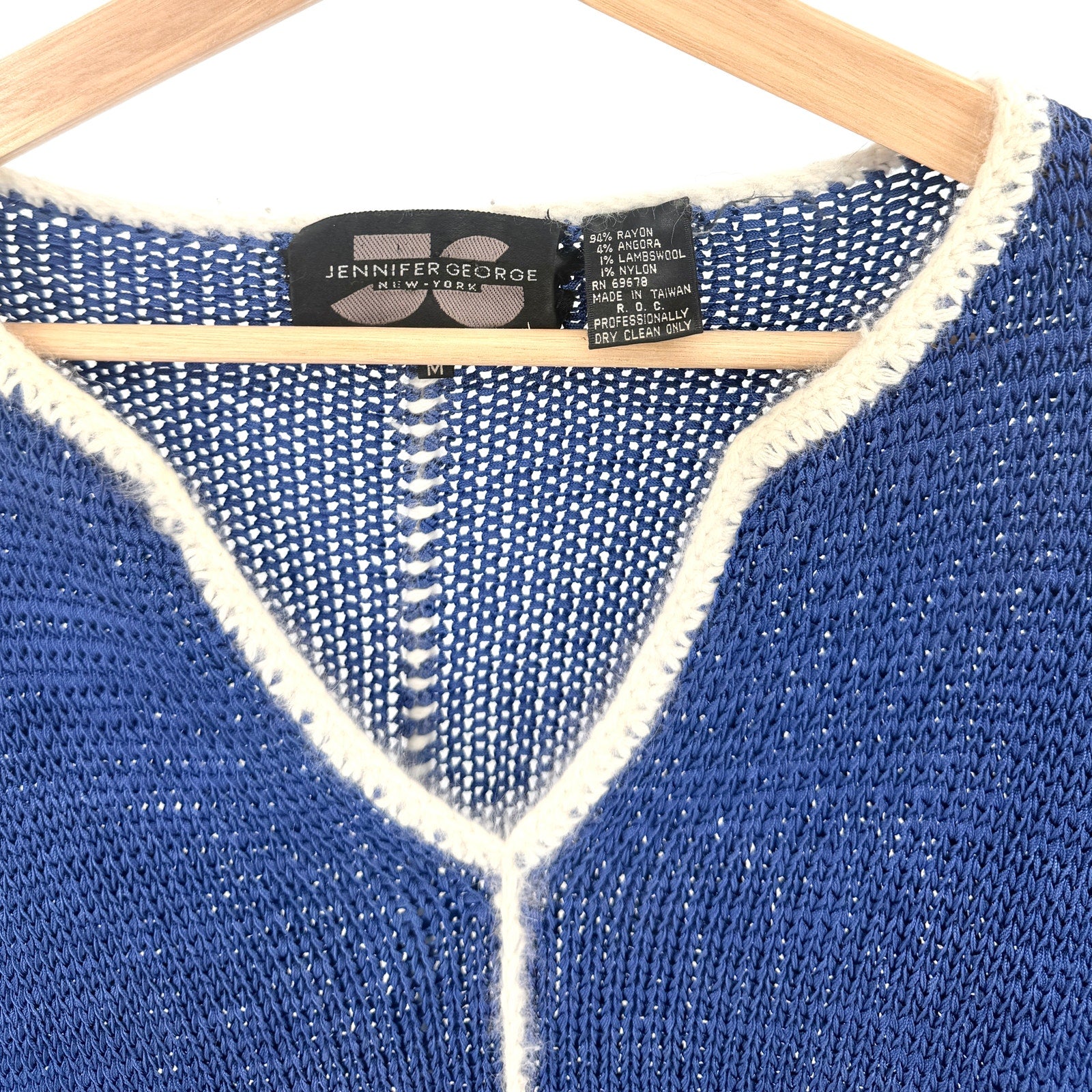 Vintage 80s Jennifer George Blue White Colorblock Angora V-Neck Sweater Top