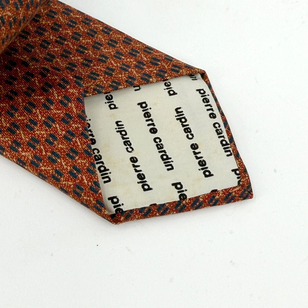Vintage 90s Pierre Cardin Rust Blue 100% Silk Geometric Dash Pattern Tie