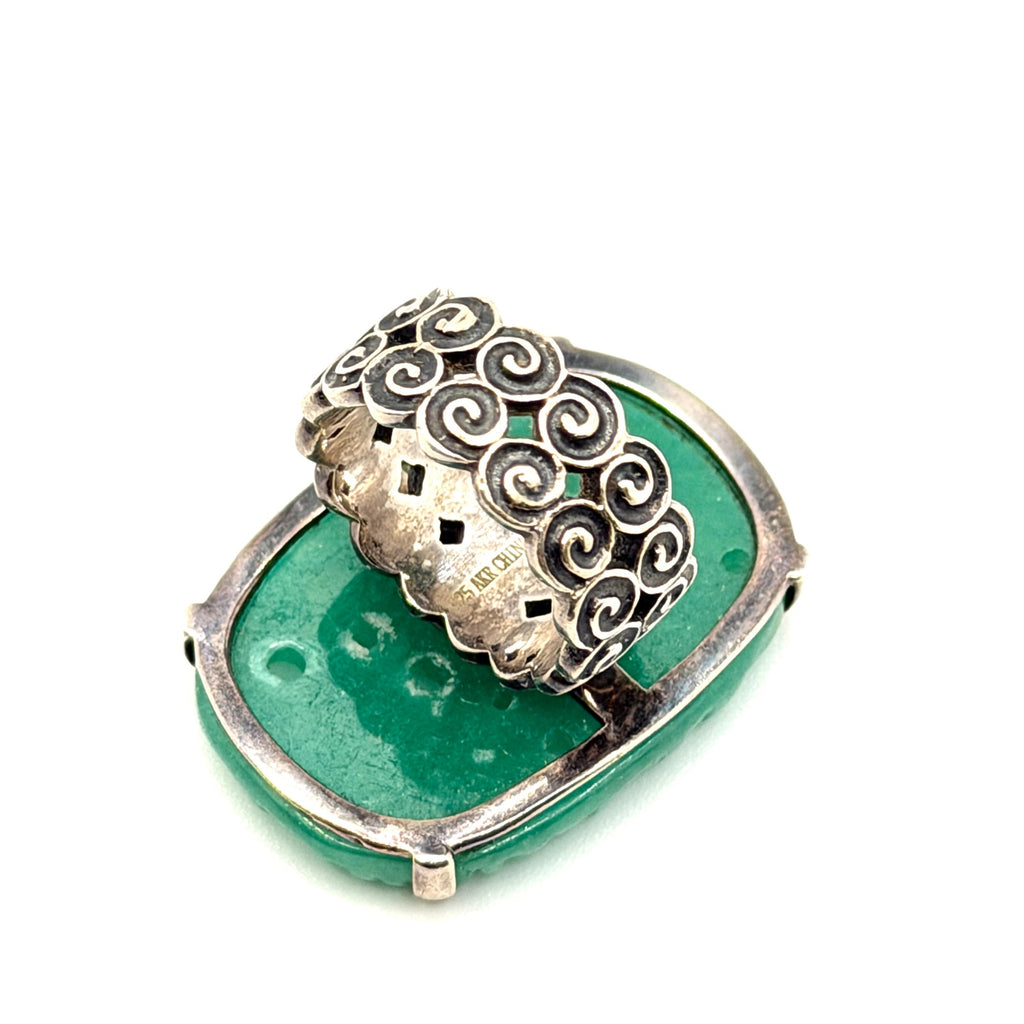 Vintage Y2K Amy Kahn Russell Signed Sterling Silver Carved Jade Statement Ring