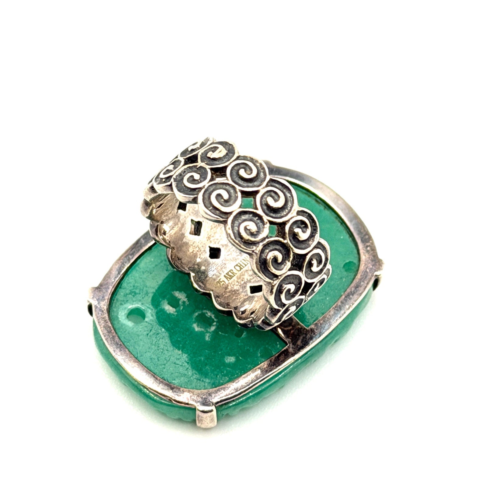 Vintage Y2K Amy Kahn Russell Signed Sterling Silver Carved Jade Statement Ring