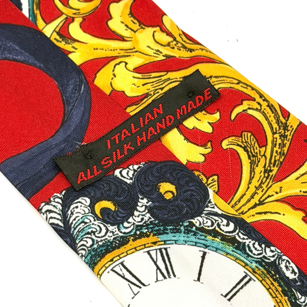 Vintage 90s Italian Handmade Red Baroque Ornate 100% Silk Tie