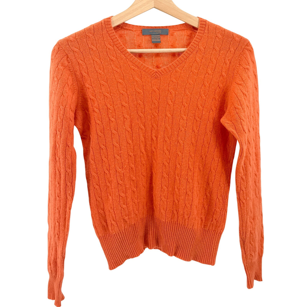 Just Cashmere by Forte Orange Sherbet 100% Cashmere Cable Knit V-Neck Sweater