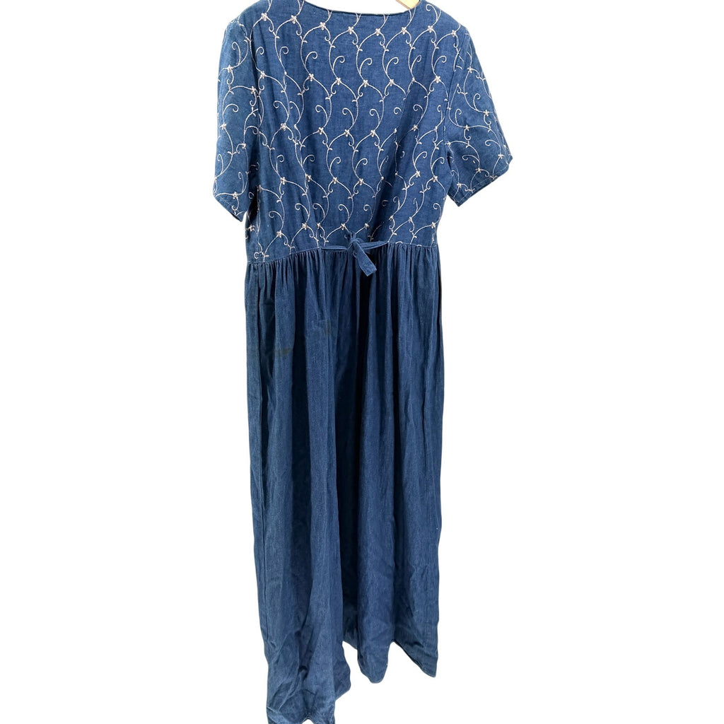 Vintage 90s Double D Ranch Blue 100% Cotton Denim Embroidered Peasant Maxi Dress