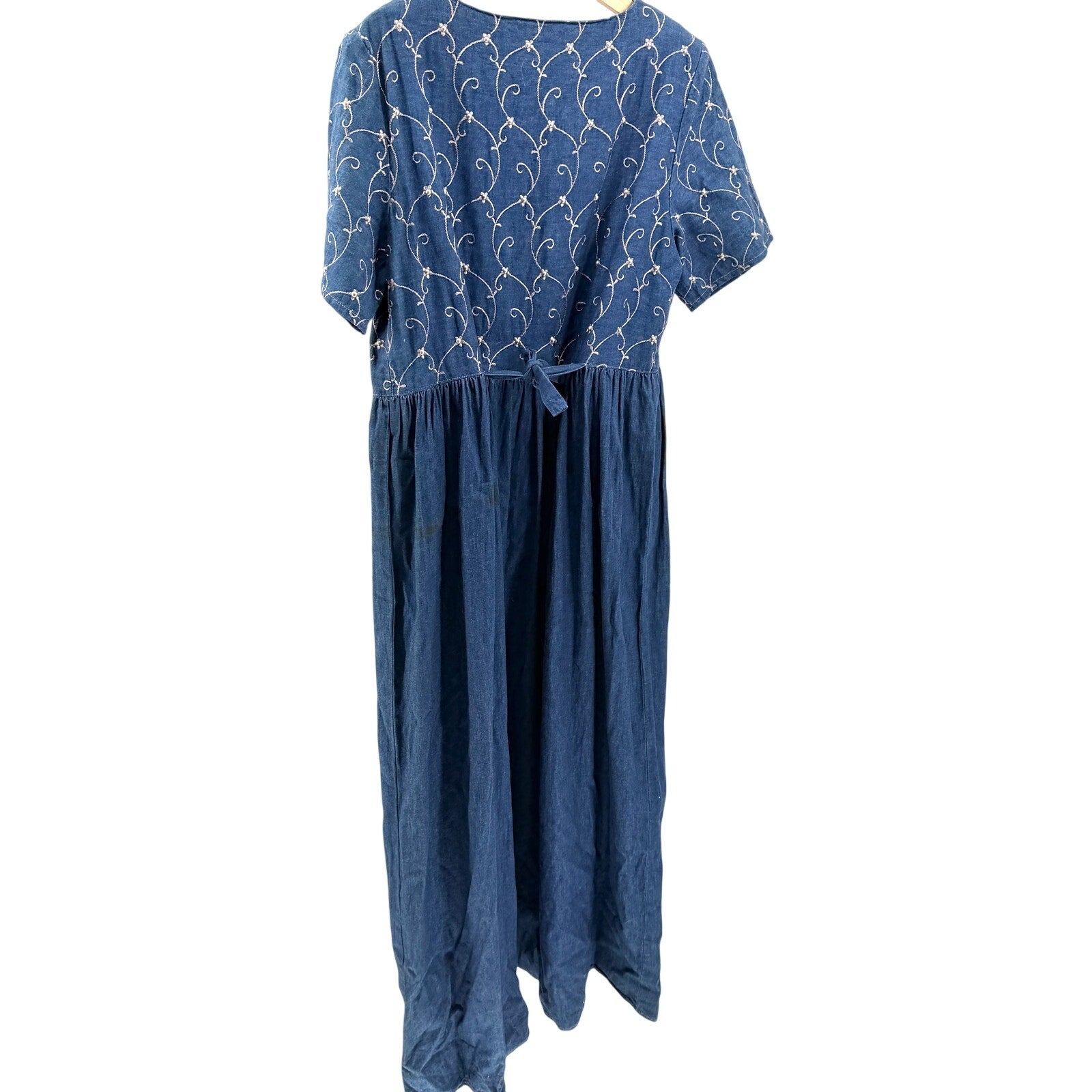 Vintage 90s Double D Ranch Blue 100% Cotton Denim Embroidered Peasant Maxi Dress