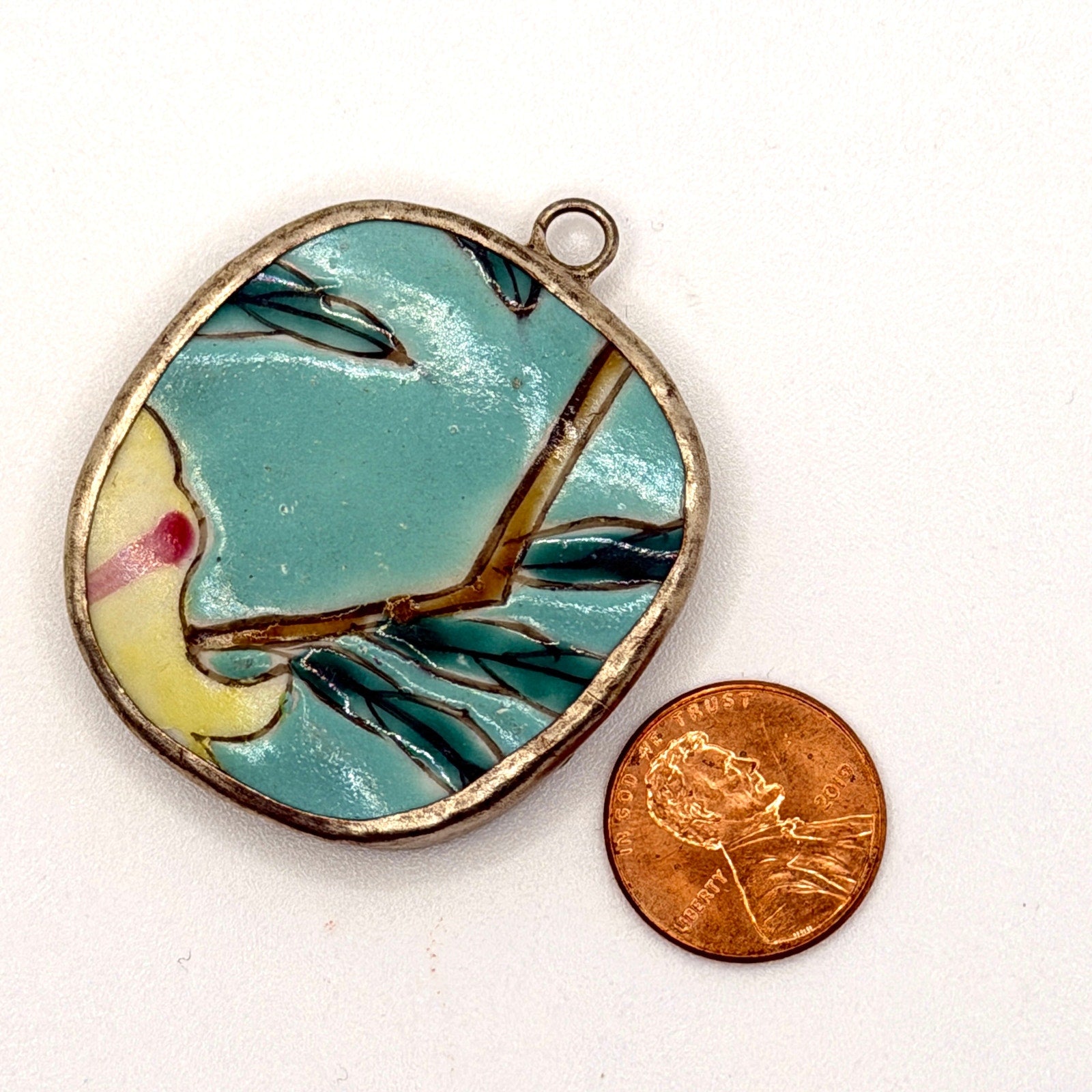 Vintage 90s Turquoise Hand Painted Porcelain Shard Bamboo Statement Pendant