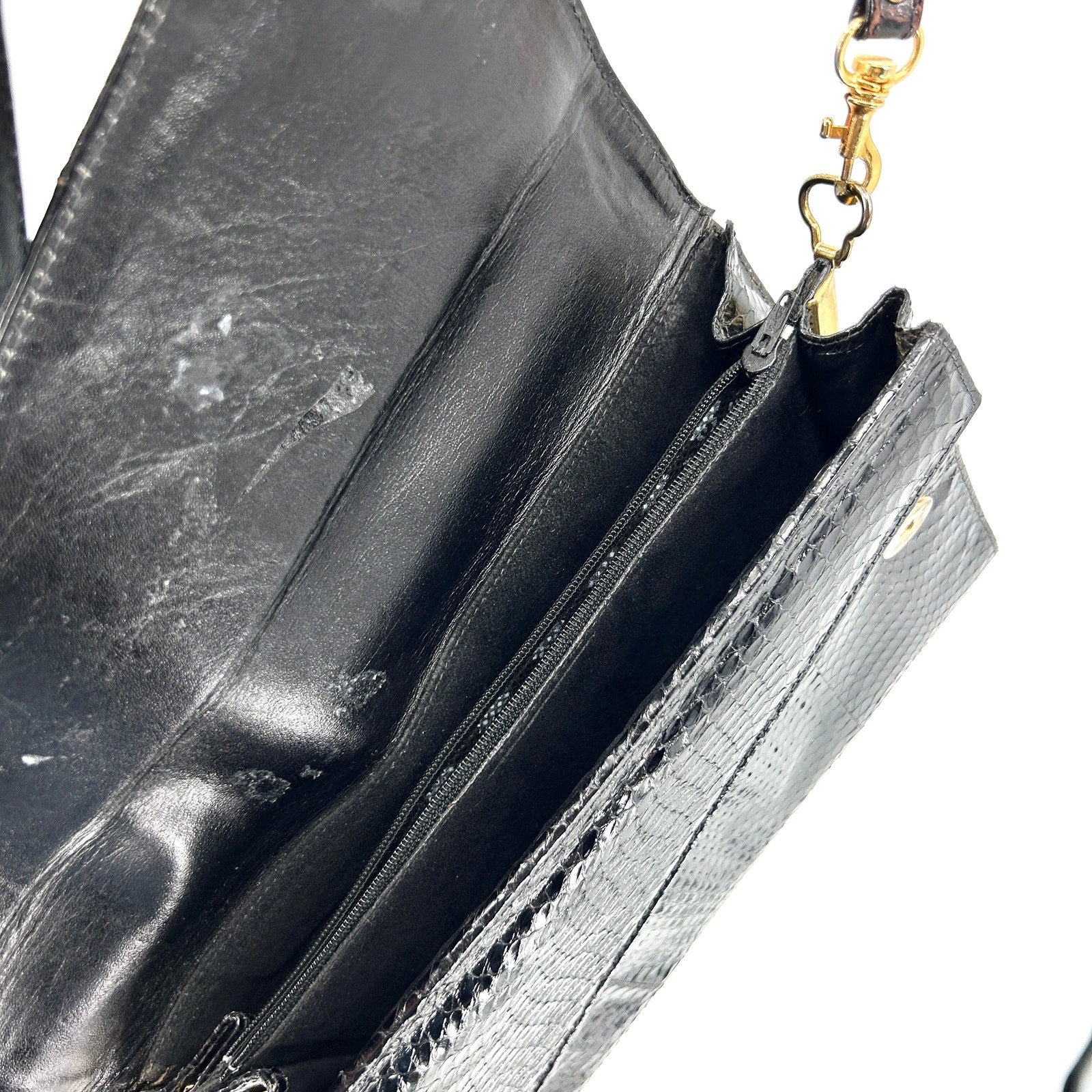 Vintage 80s Black Genuine Snakeskin Gold Hardware Crossbody Clutch