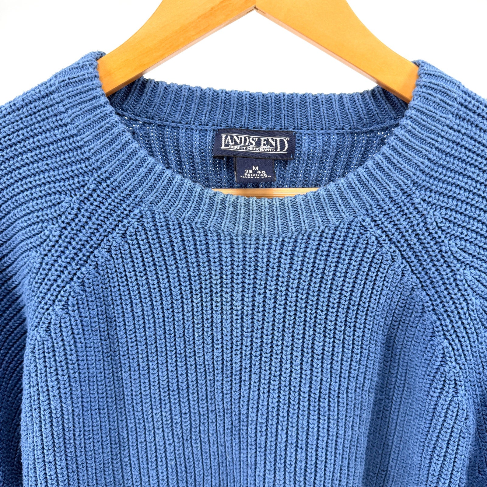Vintage 90s Lands' End Blue 100% Cotton Shaker Knit Crewneck Sweater