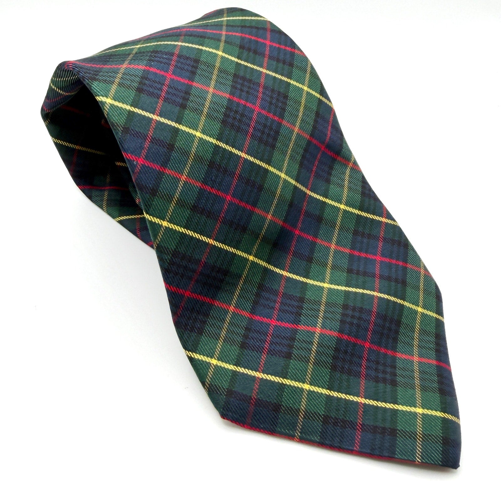 Vintage 90s Land's End 100% Silk Green Navy Tartan Plaid Necktie