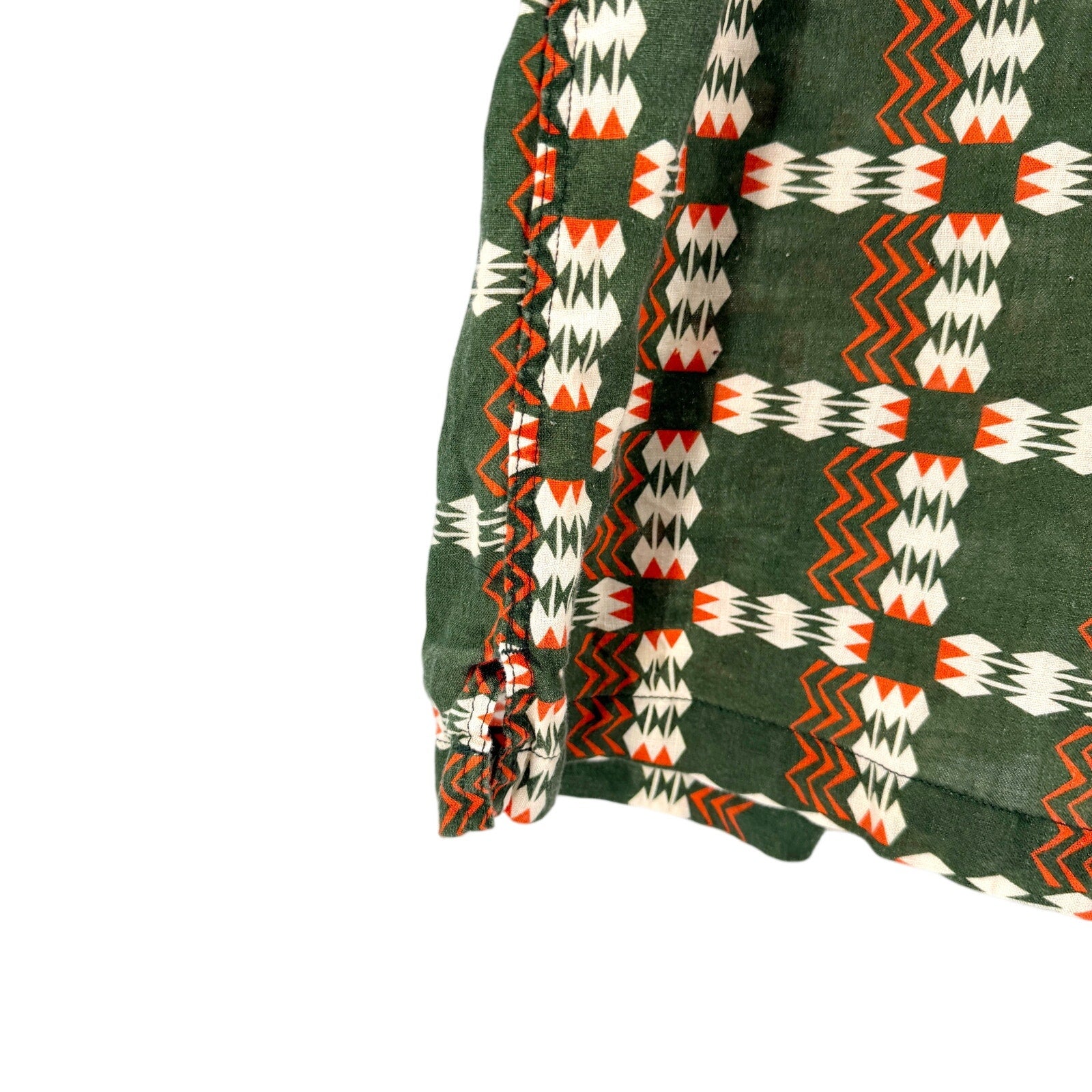 J. Peterman Company Green 100% Linen Tribal Print Short Sleeve Shirt