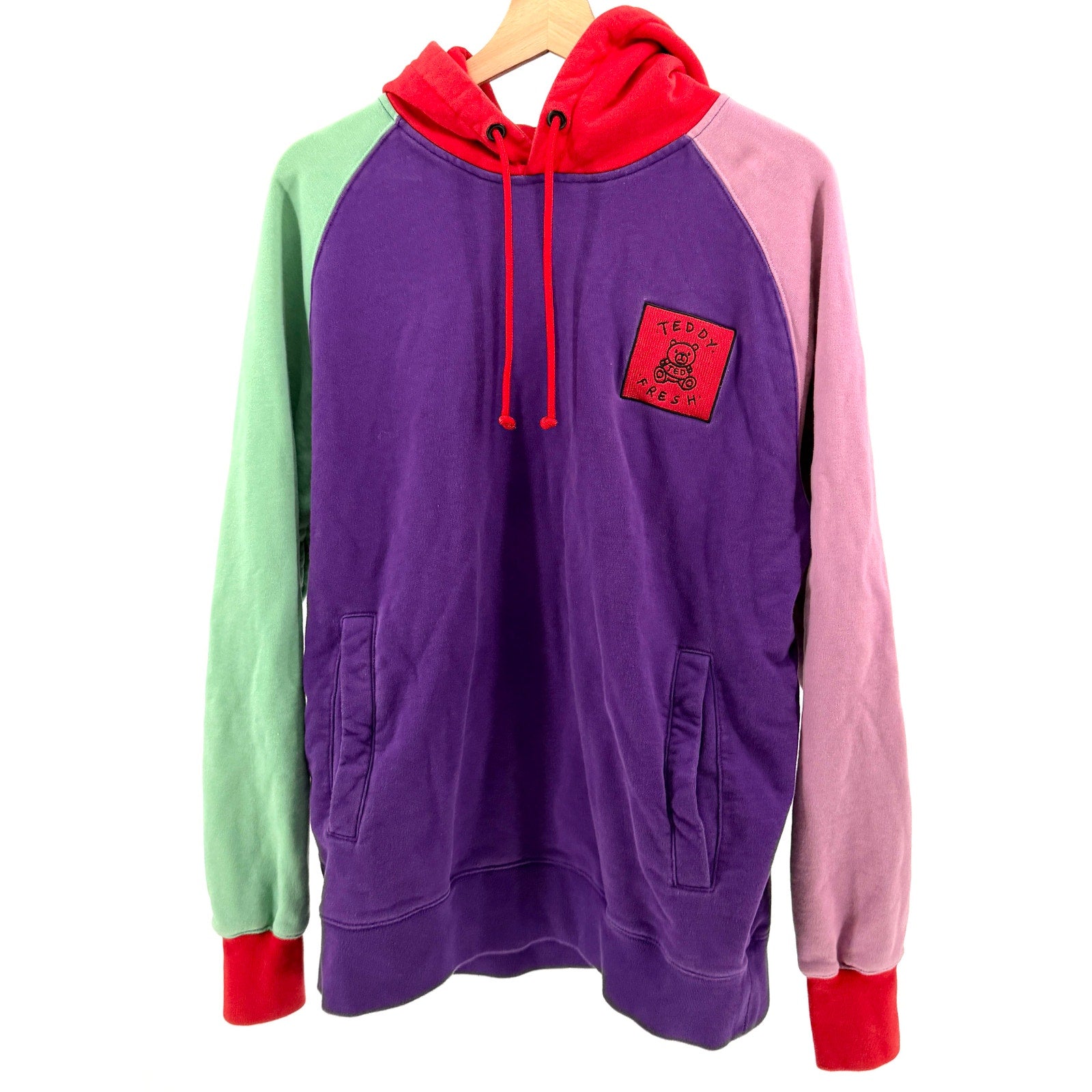 Teddy Fresh Purple Colorblock 100% Cotton Streetwear Patchwork HoodieStreet style swagger