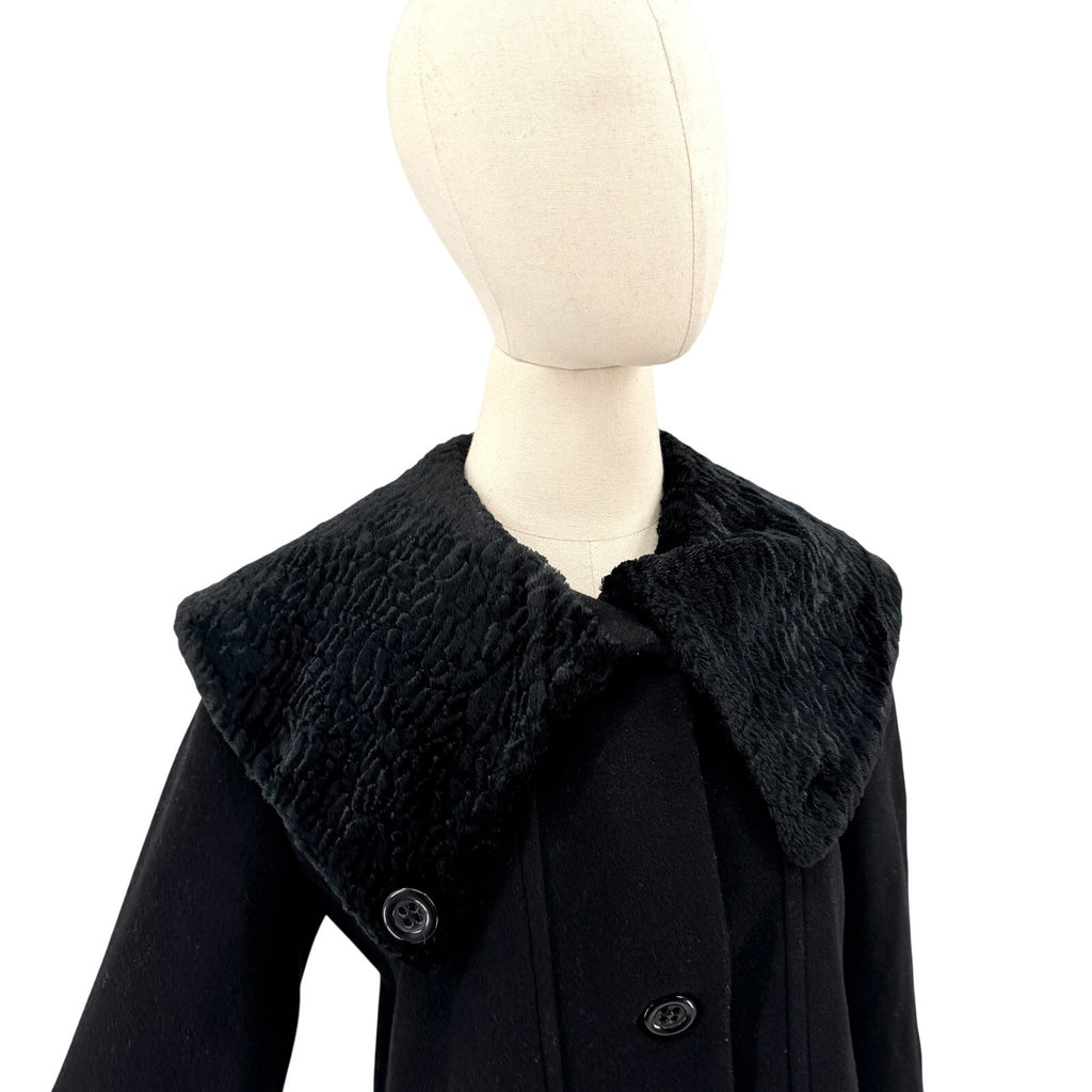 Vintage Y2K Tahari Black 100% Wool Swing Faux faux Persian Lamb Collar Coat