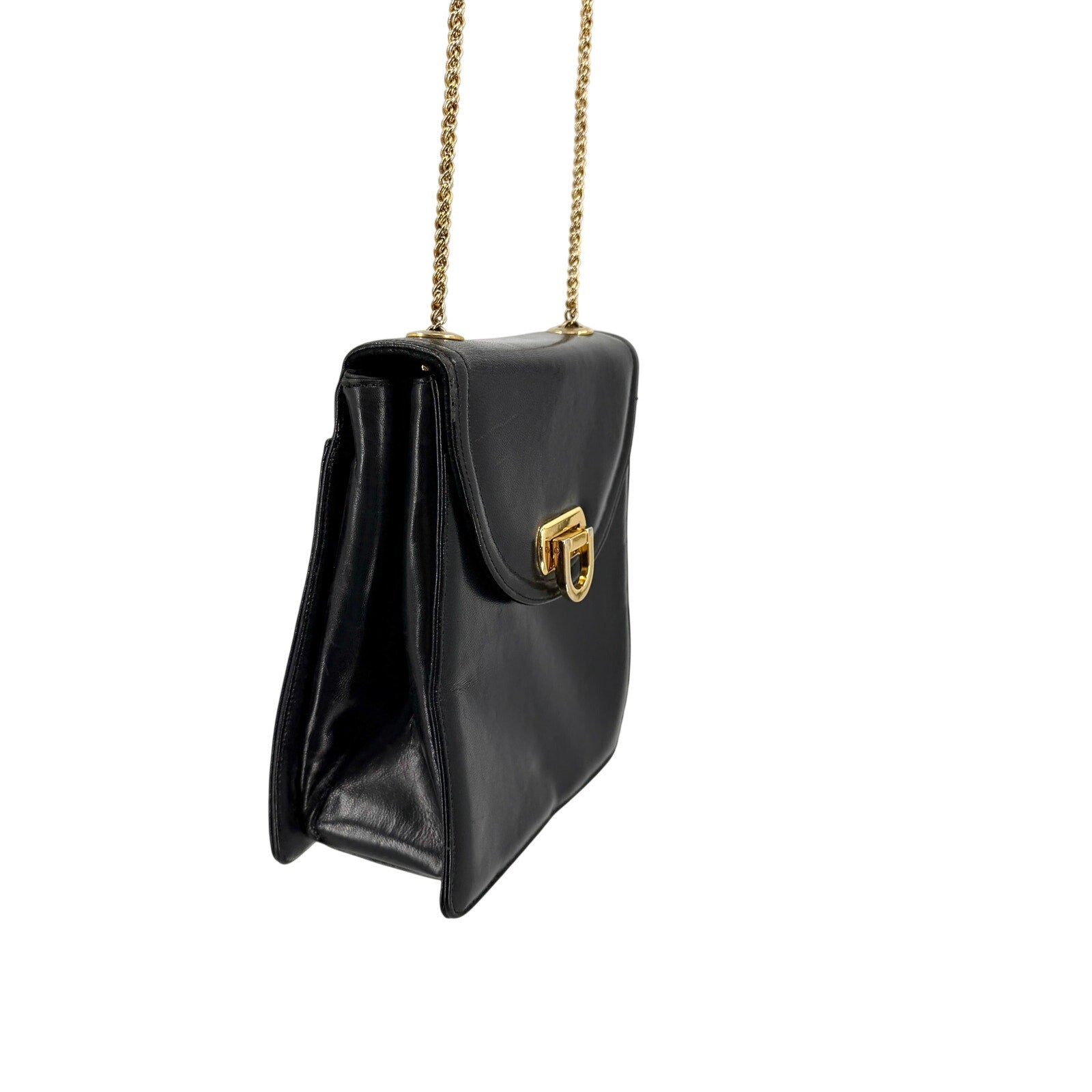 Vintage 80s Frenchy of California Black Leather Gold Chain Shoulder Bag