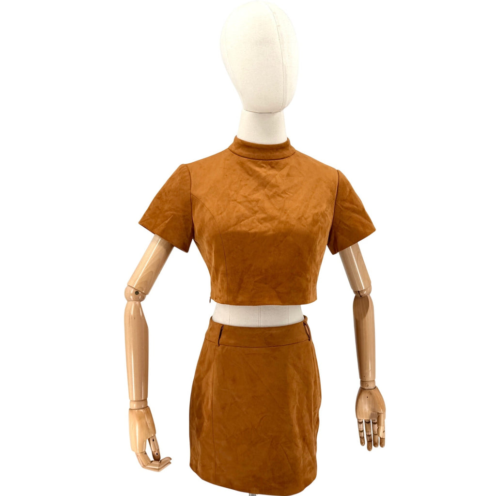 New JW PEI Brown Faux Suede Two Piece Crop Top Mini Skirt Set