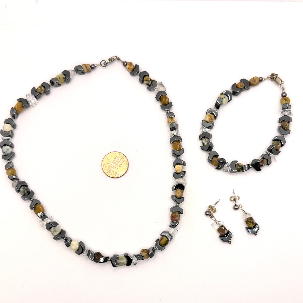 Vintage 90s Hematite Chevron Quartz Stone Necklace Bracelet Earring Set