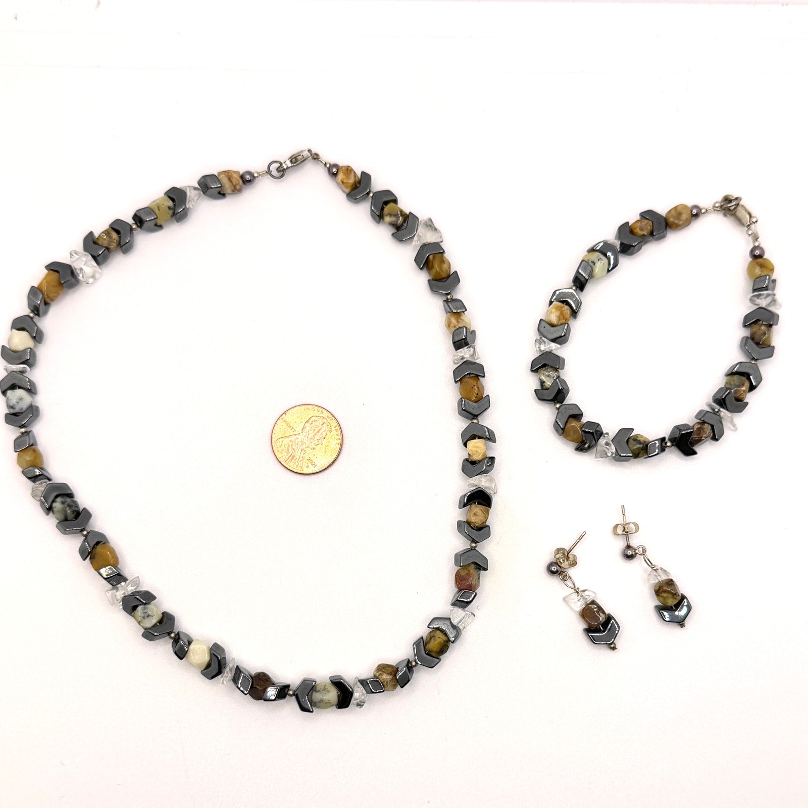 Vintage 90s Hematite Chevron Quartz Stone Necklace Bracelet Earring Set