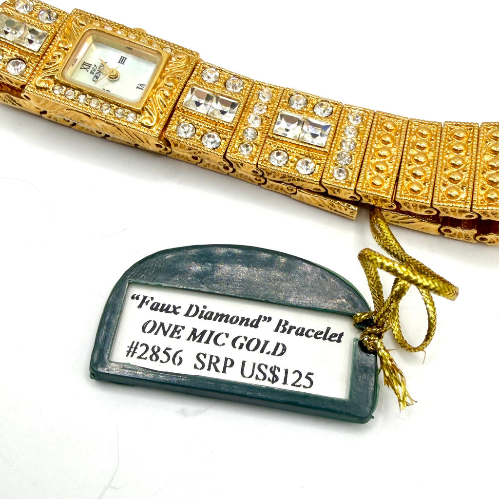 Vintage 80s Geneva One Mic Gold Faux Diamond Glam Cocktail Watch Bracelet
