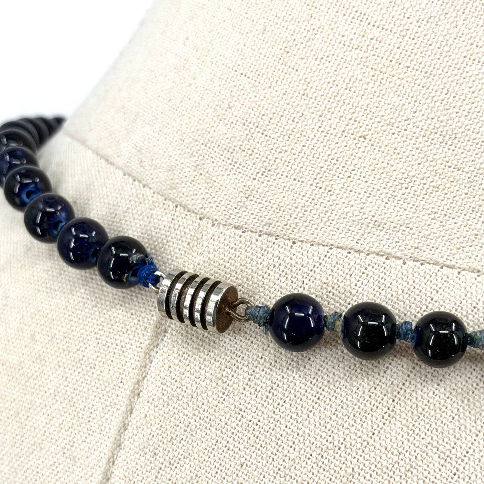 Vintage Cobalt Blue Glass Knotted Bead Barrel Clasp Necklace
