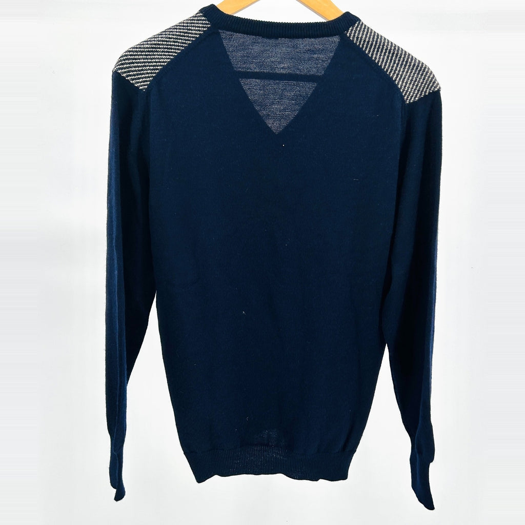 Vintage 80s Franck Olivier Paris Navy Blue Wool Blend Striped V Neck Sweater