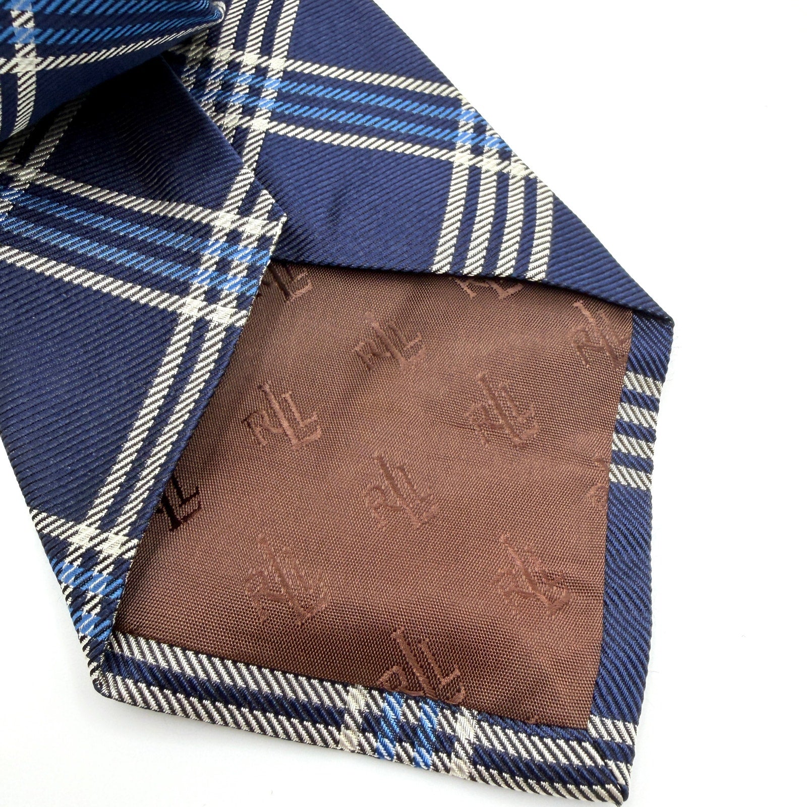 Vintage 90s Lauren Ralph Lauren Navy 100% Silk Tartan Plaid Necktie