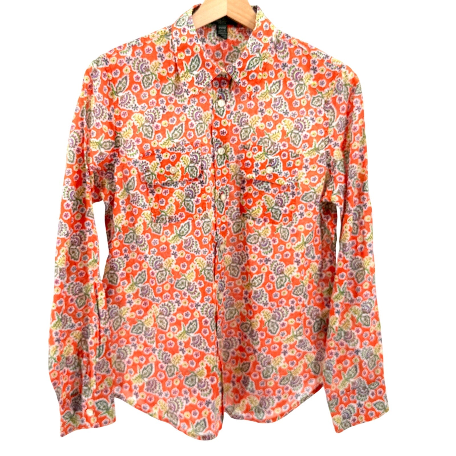 Lauren Ralph Lauren Orange Purple Floral 100% Cotton Button Down Shirt