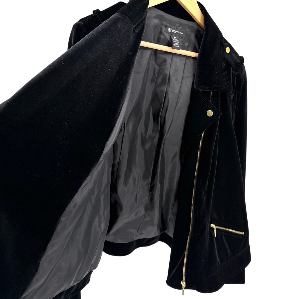 INC International Concepts Black Velvet Gold Hardware Moto Moto Jacket