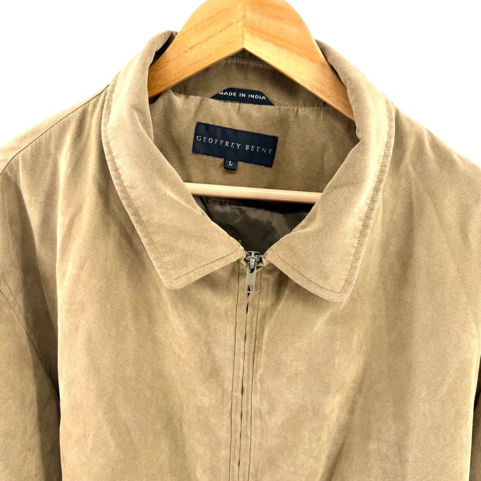 Geoffrey Beene Tan Faux Suede Minimalist Zip Up Harrington Bomber Jacket